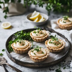 golden tartlets, smoked mackerel mousse,