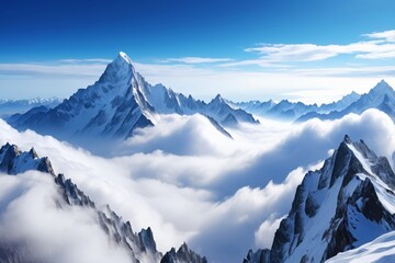 mountains covered in snow and clouds with a blue sky