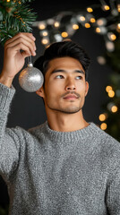 Naklejka premium Festive christmas decorating with asian man holding silver ornament