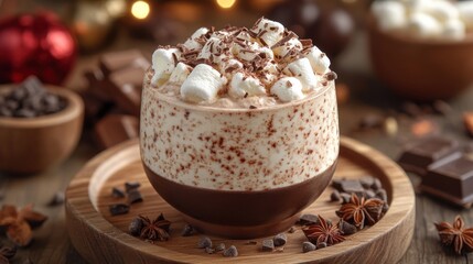 A rich and creamy hot chocolate with marshmallows and chocolate shavings on top.