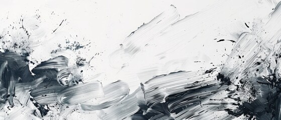 This elegant abstract background showcases a whitewash canvas adorned with dynamic black brush strokes and splatters, creating a contemporary art effect.