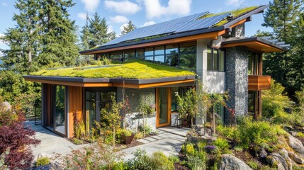 Fototapeta premium A contemporary eco-home with green roofing, solar panels, and a design integrated with nature --ar 16:9 --v 6.1 Job ID: 6f6a1bb5-cf6c-46ec-b7ce-f1a073d12d9e