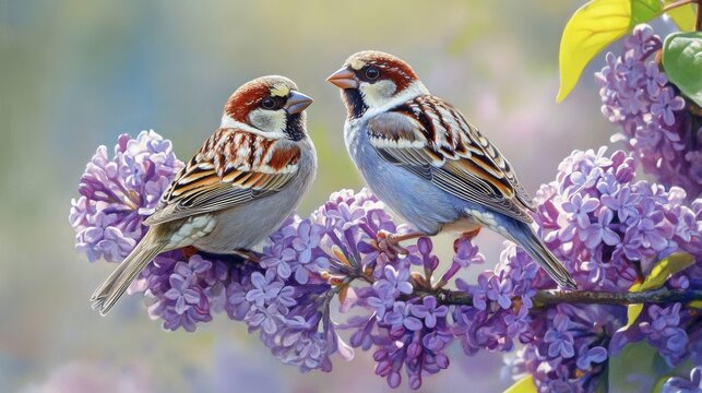 Sparrows perched on a lilac branch in a spring garden.
