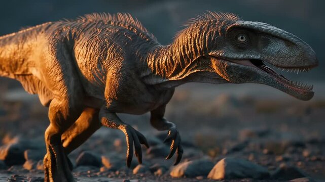A realistic Velociraptor, dynamically posed with open mouth and sharp teeth, stands out against a rocky. Generative AI content of dinosaurs.