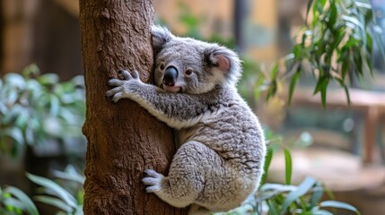 Obraz premium Cute koala clinging to tree in enclosure