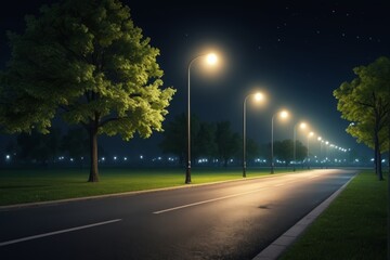 nighttime scene of a street with a street light and trees