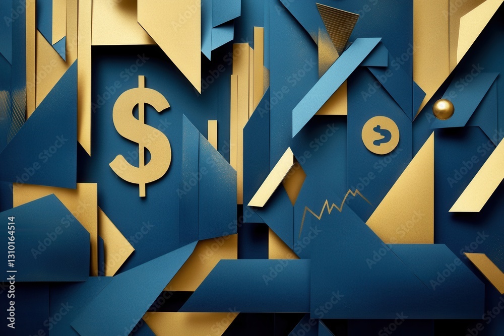 Poster Layered geometric shapes in golden and deep blue create an abstract representation of financial growth with space for clear messaging