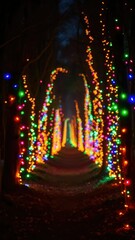 Colorful Christmas lights illuminate a dark forest path, forest floor, tree lights