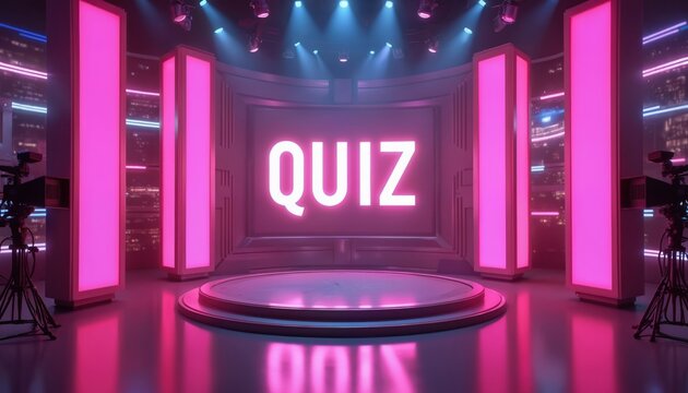 Modern quiz show studio set illuminated by neon lights. Big screen displays word QUIZ. Cameras, stylish geometric backdrops, stage for competition, pink, purple lighting tech design elements. Trendy