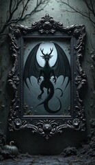 Fototapeta premium shadowy gothic border with dragon motifs and mist