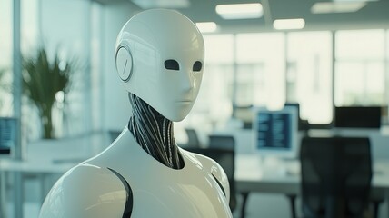 white humanoid robot in office analyzing data