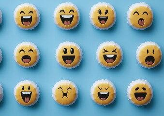 Fototapeta premium Emoji faces, flat lay, on a light blue background, various expressions