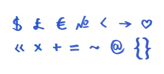 Special Characters and Punctuation Symbol Set, Hand-drawn Marker Glyphs with dark blue color on White Background