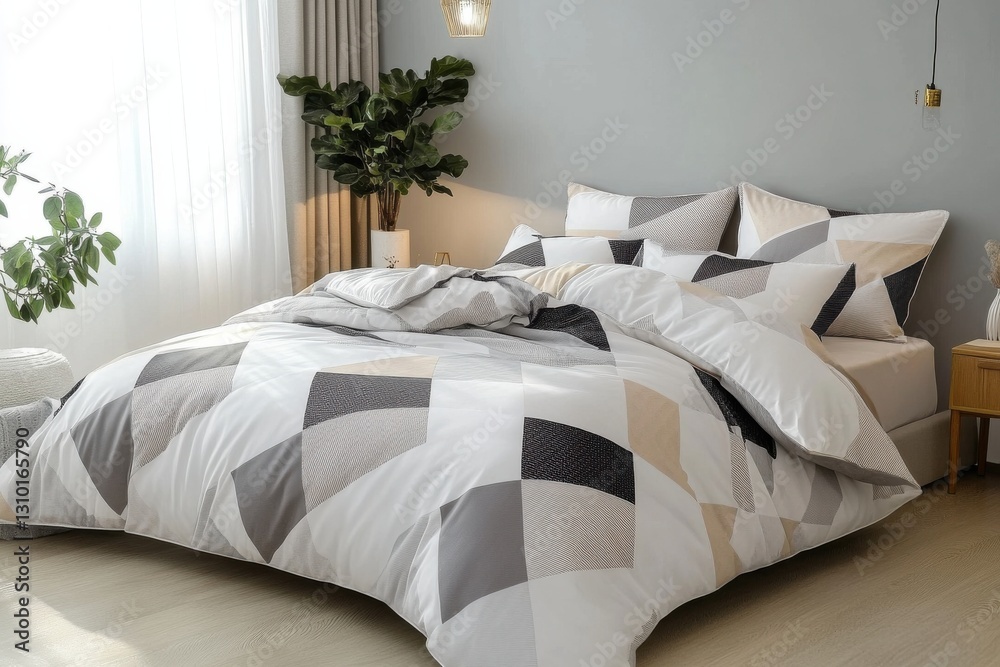 Poster cozy bedroom with geometric patterned bedding and natural light enhancing the relaxing atmosphere