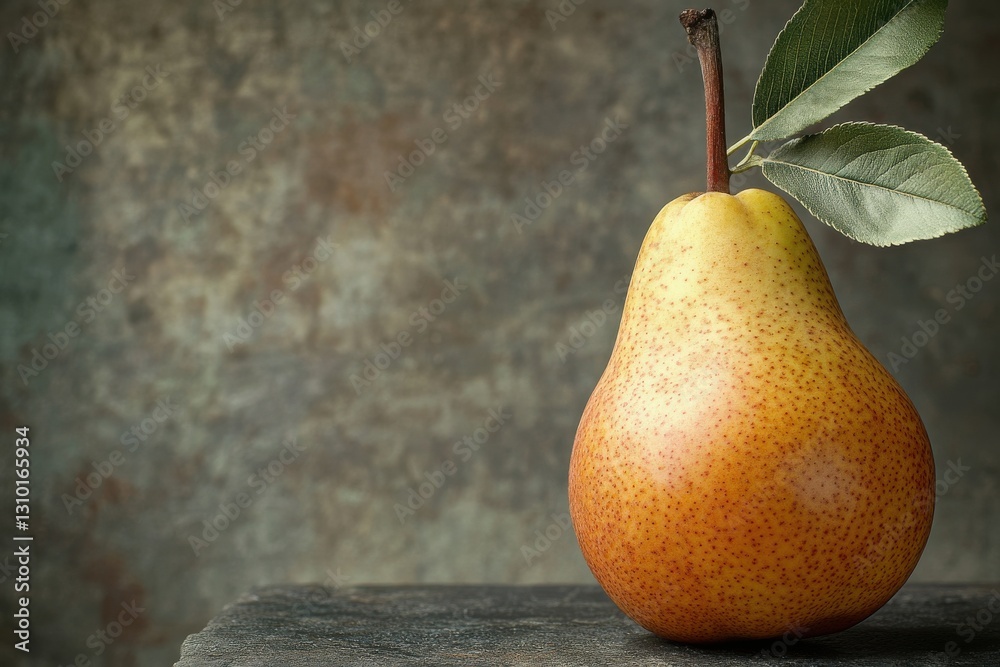 Poster Fresh pear placed on a dark stone surface against a textured background enhancing its vibrant color