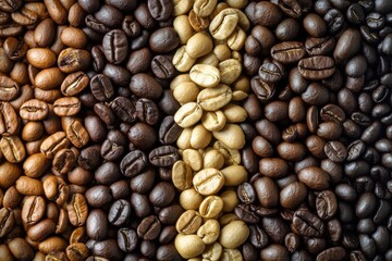 Fototapeta premium Variety of coffee beans displayed in an artistic arrangement showing different roasting levels