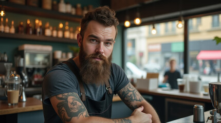 Obraz premium Bearded tattooed barista in apron posing looking to camera in a coffee shop
