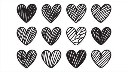 Twelve HandDrawn Black and White Striped Hearts Graphic