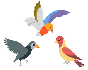 A stunning vector set of birds in blue, white, black, green, and yellow, united in harmony. Each bird showcases unique patterns and vibrant colors, symbolizing nature’s beauty, freedom, and diversity.