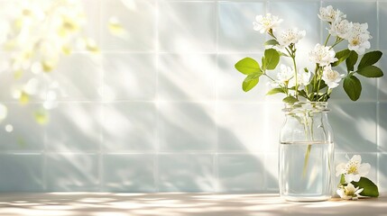   A vase filled with white flowers sits atop a table, flanked by blue and white-tiled walls