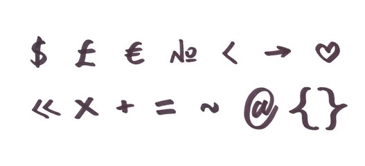Special Characters and Punctuation Symbol Set, Hand-drawn Marker Glyphs with black color on White Background