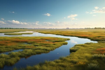 there is a painting of a river running through a field
