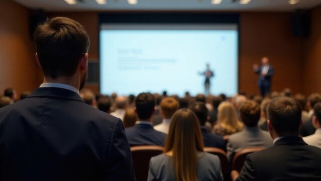 Male speaker giving presentation in hall at university workshop. Audience or conference hall. Rear view of unrecognized participants in audience. Scientific conference event, training