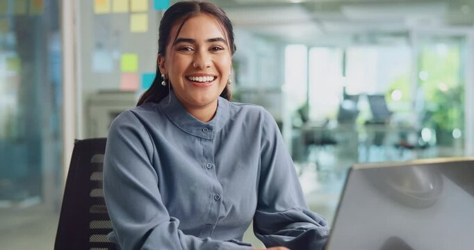 Office, businesswoman and face with laptop for information, article research and proofreading. Portrait, female person and journalist in creative agency for news publication, blog website and smile