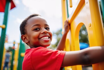 Happy child playing and climbing on a colorful playground structure