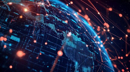 A high-tech representation of Earth with bright data points, interconnected lines, and financial growth analytics.