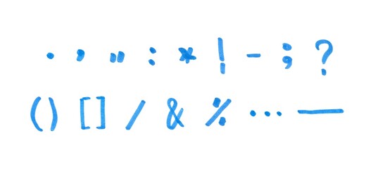 Special Characters and Punctuation Symbol Set, Hand-drawn Marker Glyphs with light blue color on White Background