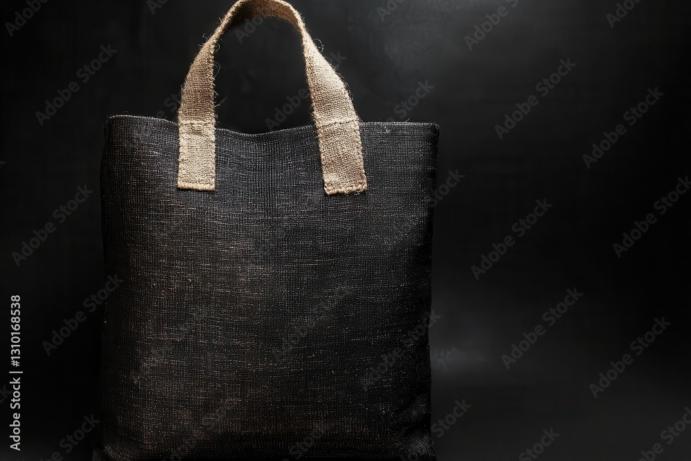 Poster black burlap tote bag displayed against a dark background highlighting its texture and design