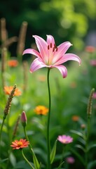 Fototapeta premium Light pink lily growing in a lush garden with tall grasses and wildflowers, pink lily garden, blossoms