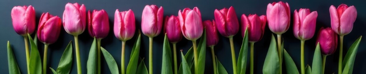 Naklejka premium Pink and purple tulips with long slender stems placed on a dark surface, pink tulips, floral arrangement