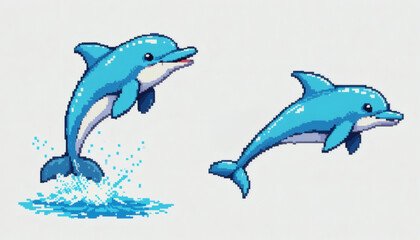 Naklejka premium Retro 8-bit pixel art of a playful dolphin, isolated on a white background, shown in two perspectives jumping out of the water and swimming side view.