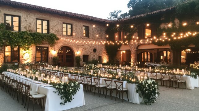 Elegant Outdoor Venue: A breathtaking view of an outdoor event venue, set with long tables adorned with floral arrangements, soft candlelight, and string lights.