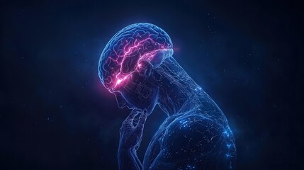 Naklejka premium Digital human with glowing brain, pensive pose.