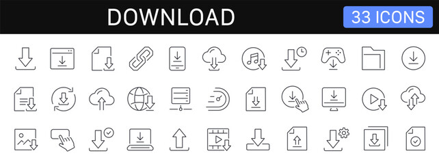 Download thin line icons set. Download file, document, upload, button icon. Editable stroke. Vector