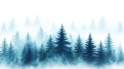 Obraz premium Misty Pines: An ethereal forest landscape, captured in shades of blue and white, with tall pine trees shrouded in a soft, atmospheric mist