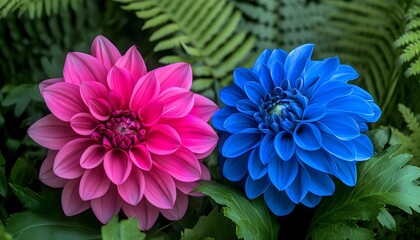 Obraz premium Two Dahlias in Pink and Blue Bloom Beautifully