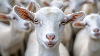 A close up portrait of a smiling white goat looking directly at viewer