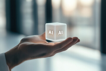 Holographic AI cube floating above an open human hand, symbolizing digital intelligence.
