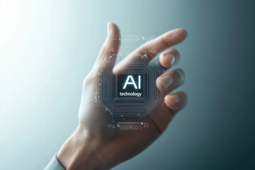 A futuristic AI microchip hologram floating above an open hand, symbolizing advanced technology.
