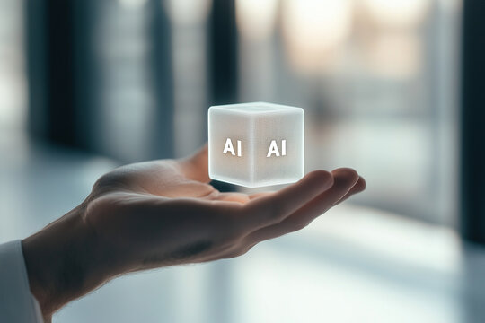 Holographic AI cube floating above an open human hand, symbolizing digital intelligence.