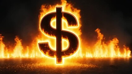 Burning dollar sign, financial crisis, fiery backdrop, symbolic image