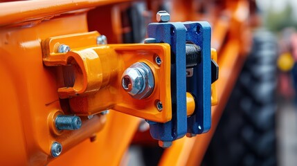 Fototapeta premium Close-up of an orange and blue industrial machinery coupling.