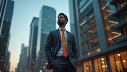 Successful Indian businessman stands confidently amid skyscrapers. Dressed in suit with orange tie. Dreaming, planning future business, looks thoughtfully upwards for inspiration. Leadership vision,