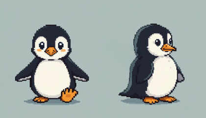 Fototapeta premium Isolated 8-bit pixel penguin character in two angles, front-facing waddling and side profile with flapping wings, nostalgic retro design on white background