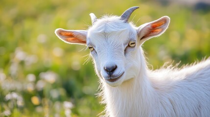 A charming white goat stares at the camera in a green field