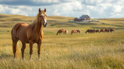 Fototapeta premium A beautiful chestnut mare stands in a sun-drenched field, her golden mane catching the light. A herd of horses grazes peacefully in the distance, a rustic farmhouse nestled on the horizon.